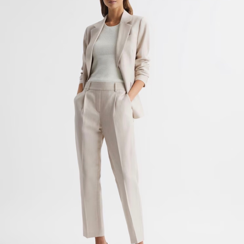 REISS Linen Blend Tailored Trousers Neutral Beige Quiet Luxury Work Pant 4R